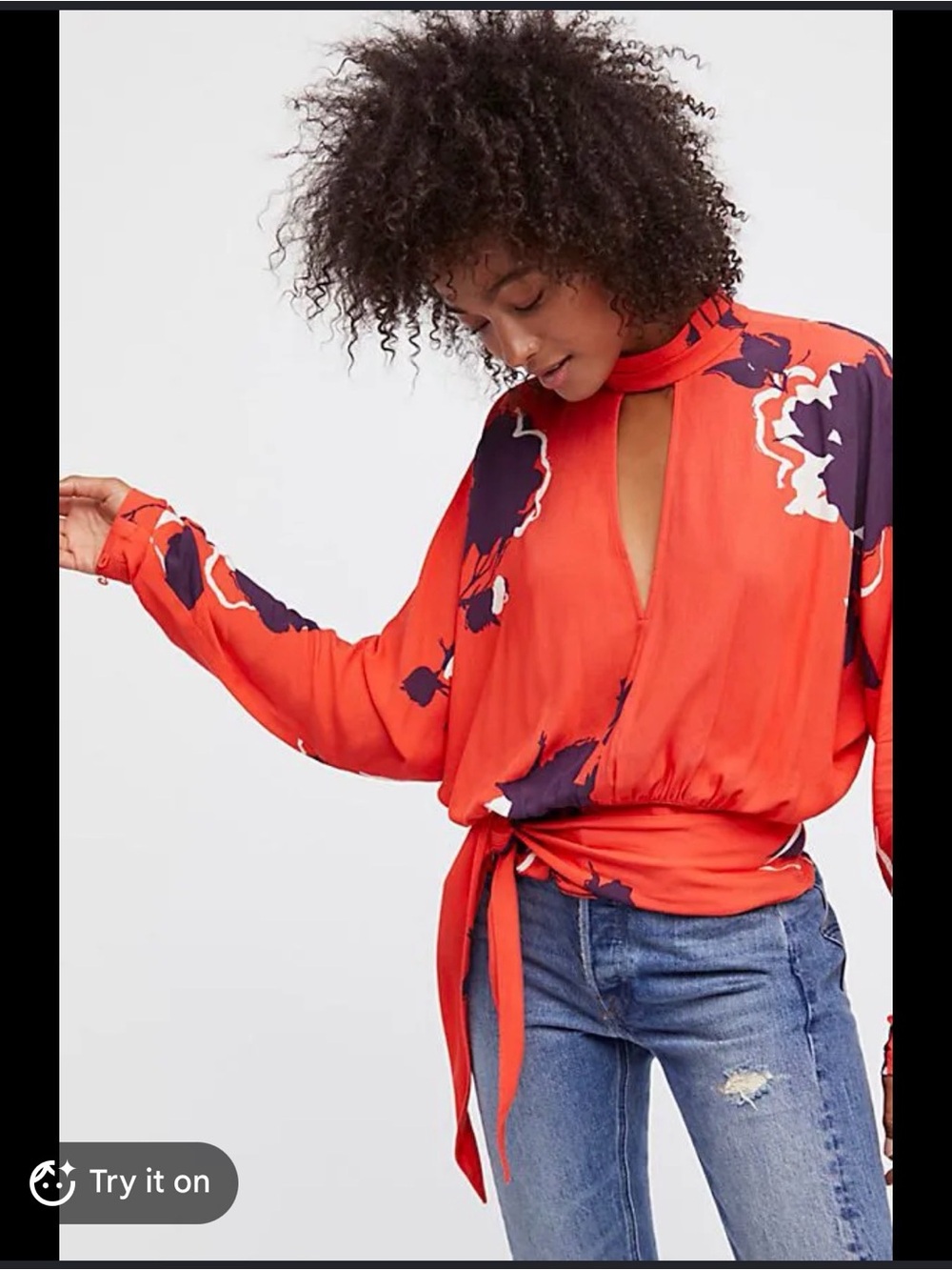 Free People Orange Floral Tie-Waist Blouse